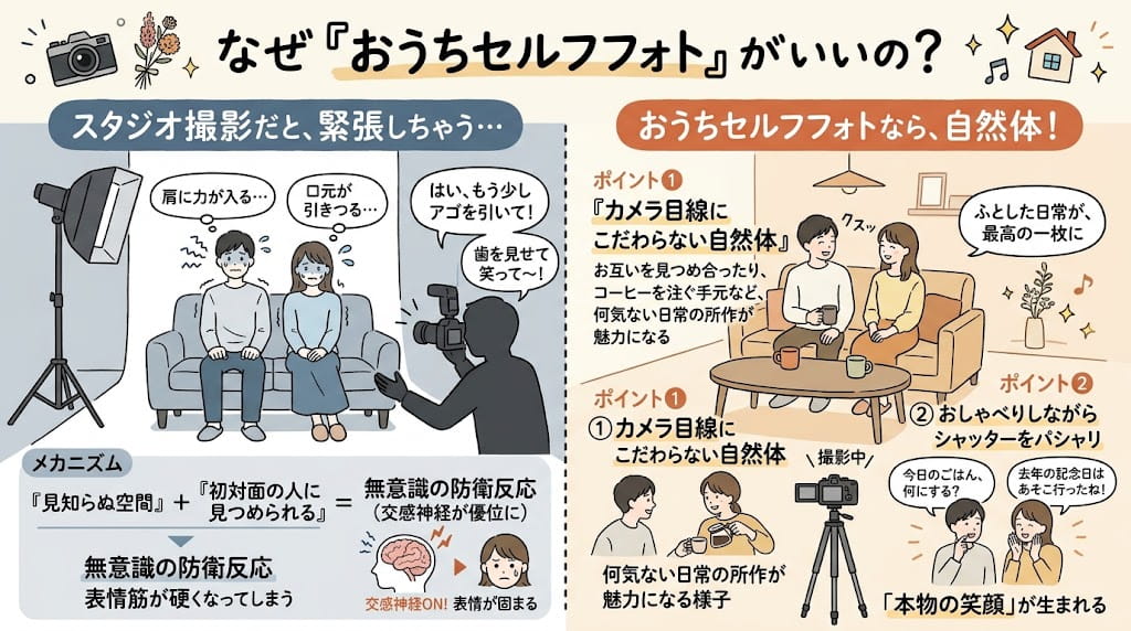 「着飾った笑顔」より「いつもの会話」を残したい心理を解説したイラスト