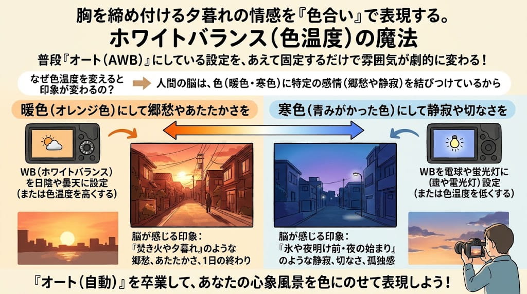 胸を締め付けるような夕暮れの情感を表現する方法を解説したイラスト
