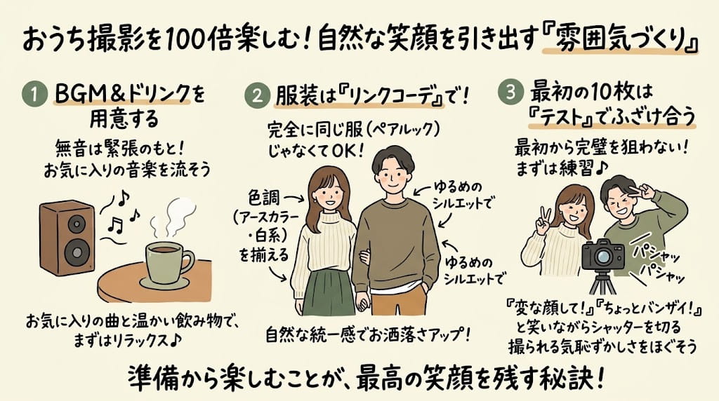 【空気感編】緊張をほぐす空間演出とお互いのコンディション作りを解説したイラスト