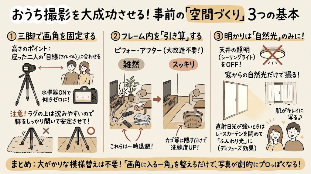 【空間・光編】背景の整理と自然光を最大限に活かすセッティングを解説したイラスト