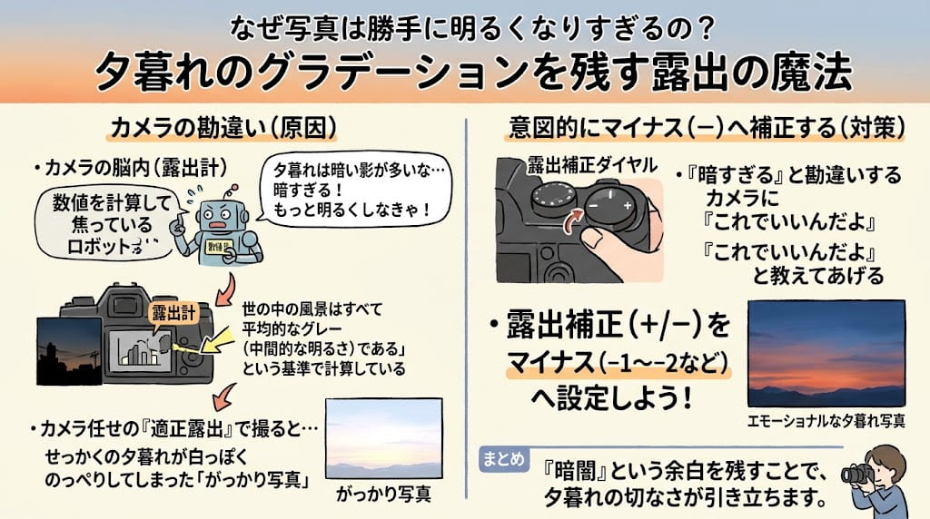なぜ写真は勝手に明るくなりすぎるのかを解説したイラスト