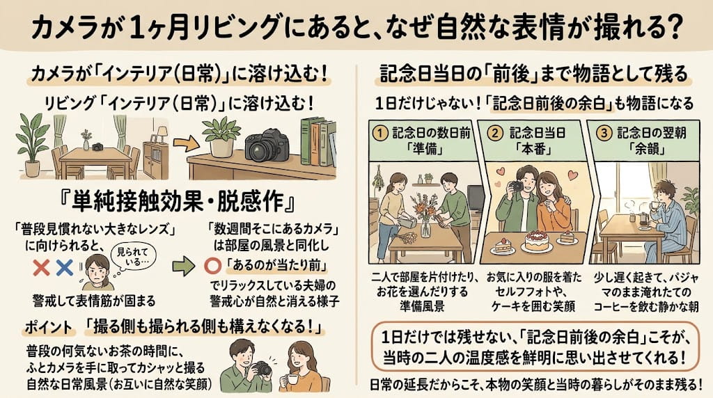 カメラが日常に馴染むからこそ撮れる「記念日前後の余白」を解説したイラスト