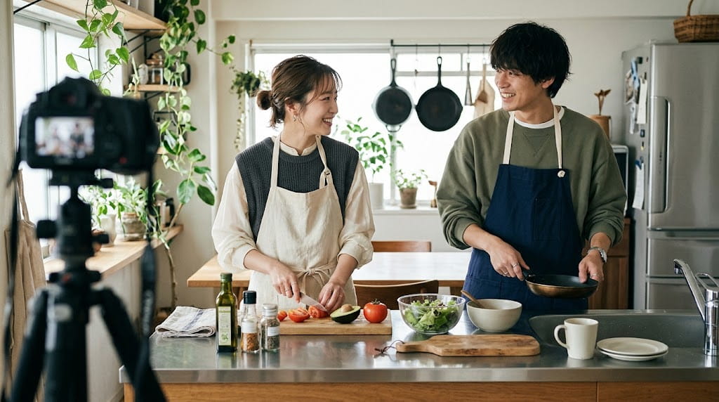 キッチンで昼食の準備をしている様子