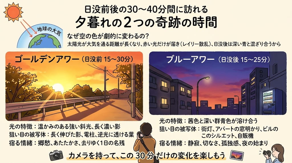 ゴールデンアワーとブルーアワーを解説したイラスト