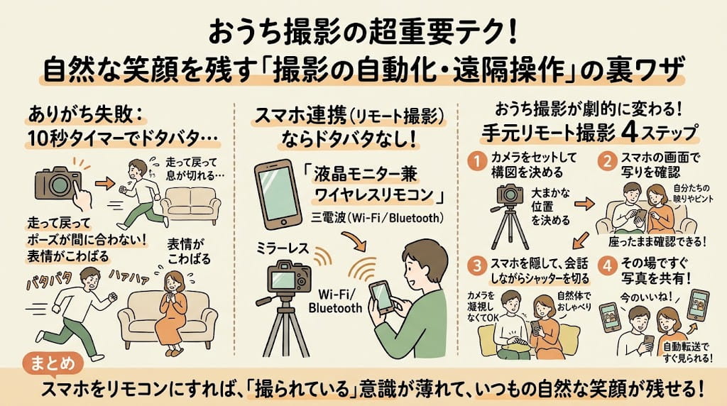 スマホ連携とリモート撮影の快適さを解説したイラスト