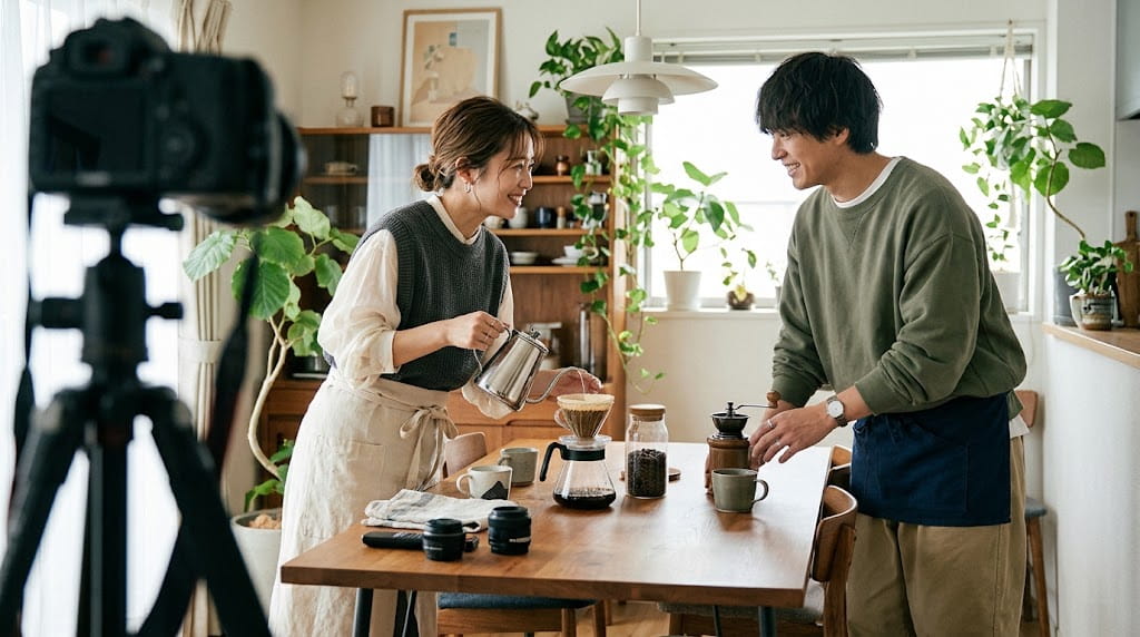 ダイニングでコーヒーを淹れているシチュエーション