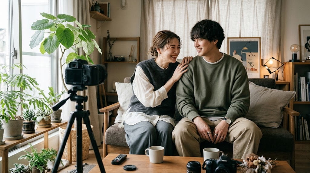 ナチュラルなインテリアのリビングルームのソファで自然体で楽しそうに笑顔で話している様子