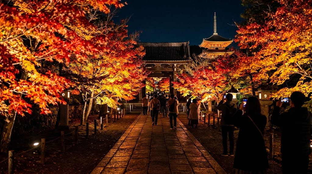 ライトアップされた京都の寺院境内