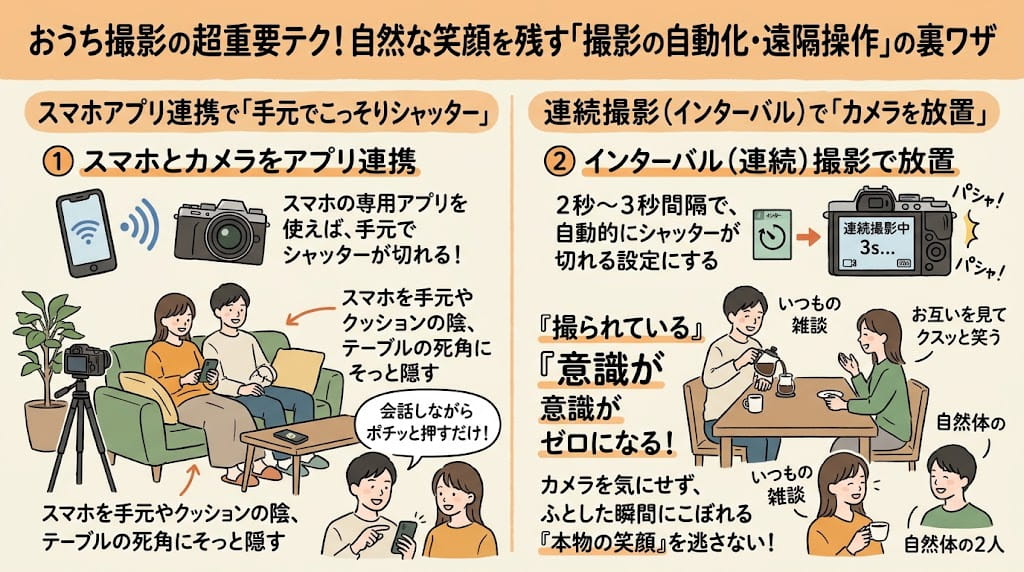 リモート撮影機能を活用して「カメラの存在」を忘れるを解説したイラスト