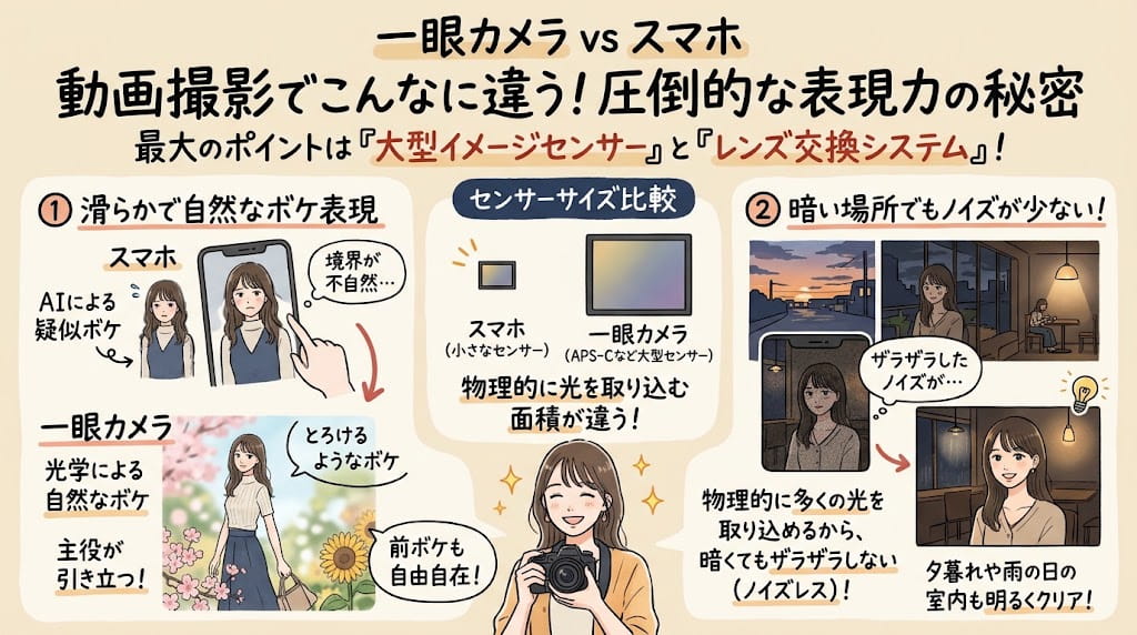 一眼レフとスマホのセンサーサイズ比較イラスト