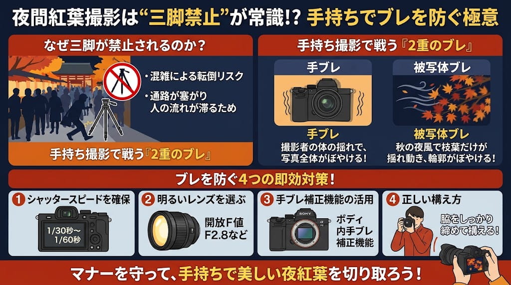 三脚禁止スポットでの手ブレ・被写体ブレの解説イラスト