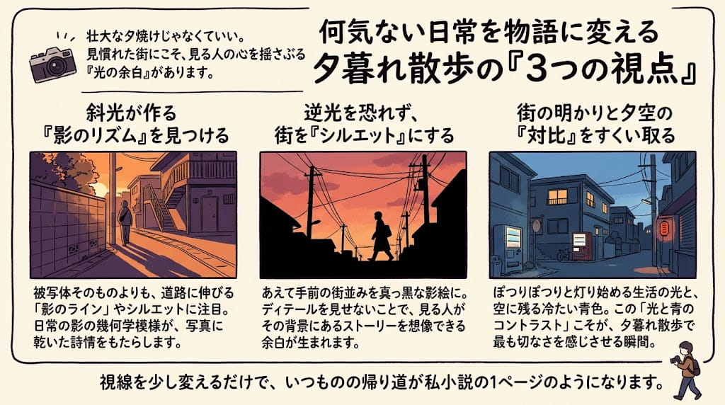 何気ない路地裏に物語を見つける視線の落とし方を解説したイラスト
