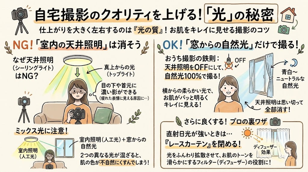 光の選び方：レースカーテン越しの自然光が作る柔らかいトーンを解説したイラスト