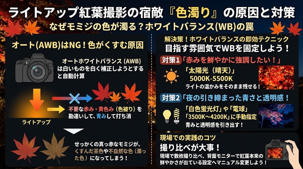 光源の違いによるホワイトバランス乱れの解説イラスト