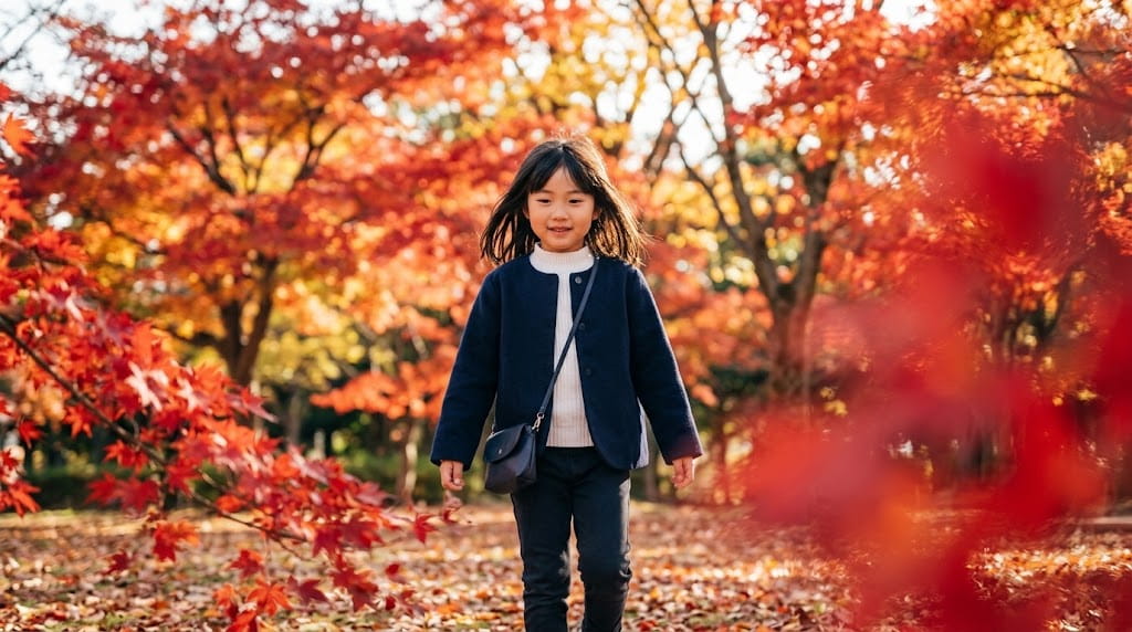 前後の紅葉で挟み込むサンドイッチ構図と子供