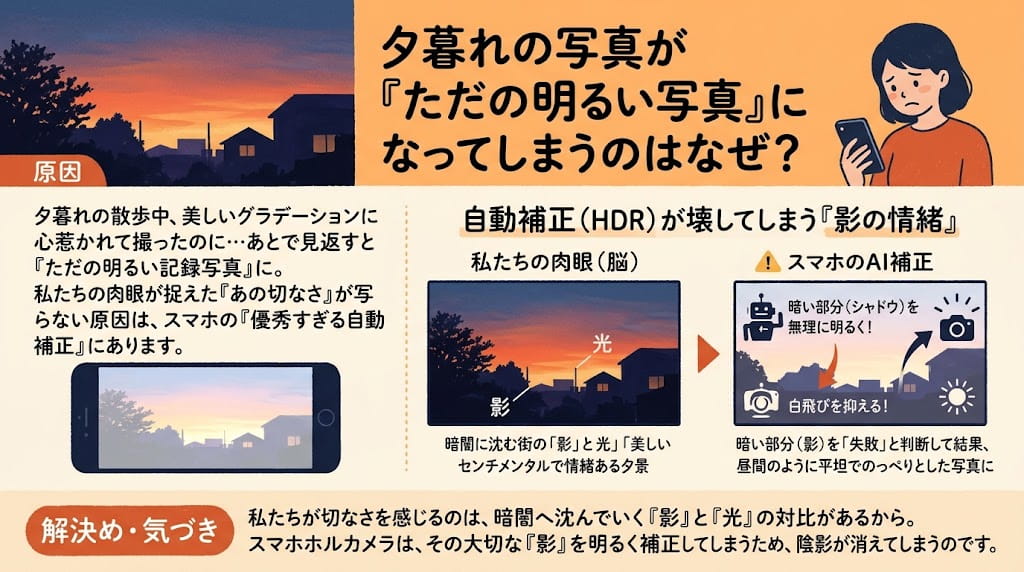 夕暮れの切なさをスマホで撮影できない理由を解説したイラスト