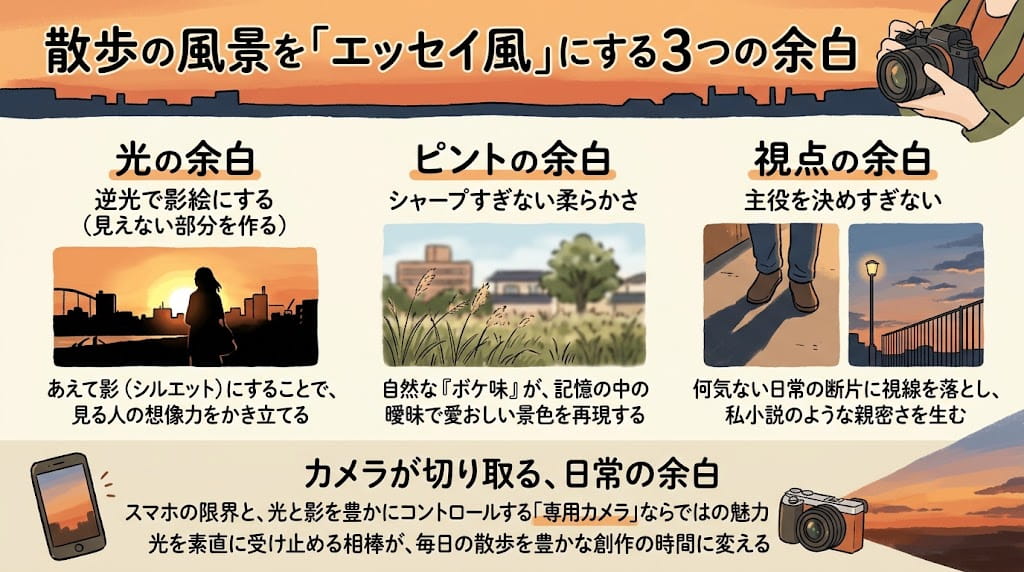 夕暮れの散歩を物語にする写真の余白の作り方を解説したイラスト