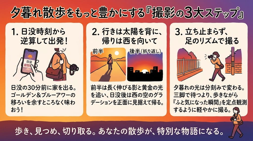 夕暮れ散歩撮影3大ステップを解説したイラスト