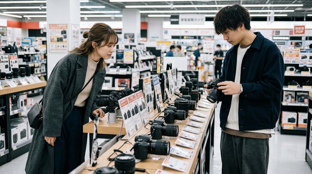 家電量販店に並べられた一眼カメラとレンズを選んでいる夫婦