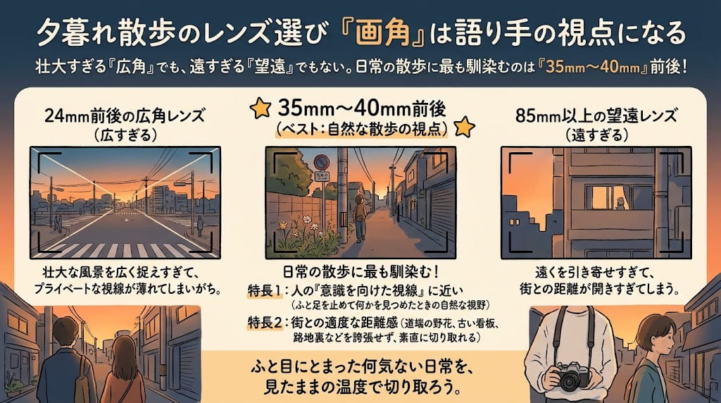 散歩の歩幅に合う35mmから40mmの視界を解説したイラスト