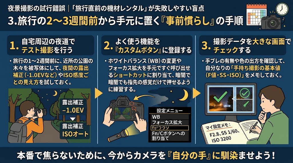 旅行前の事前慣らし手順解説イラスト