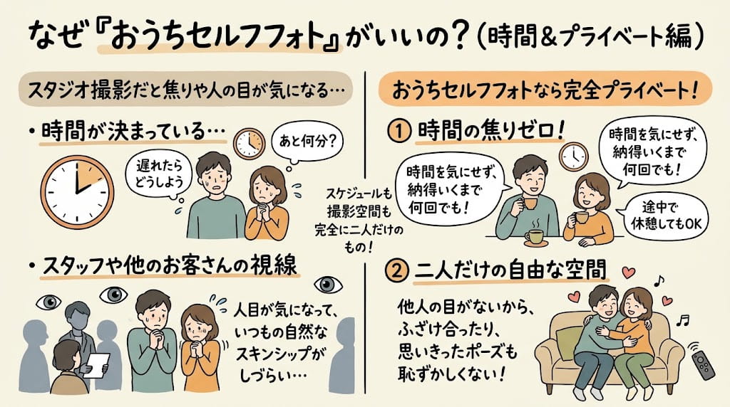 時間制限も人目もゼロ。二人のペースで撮影できる自由さを解説したイラスト