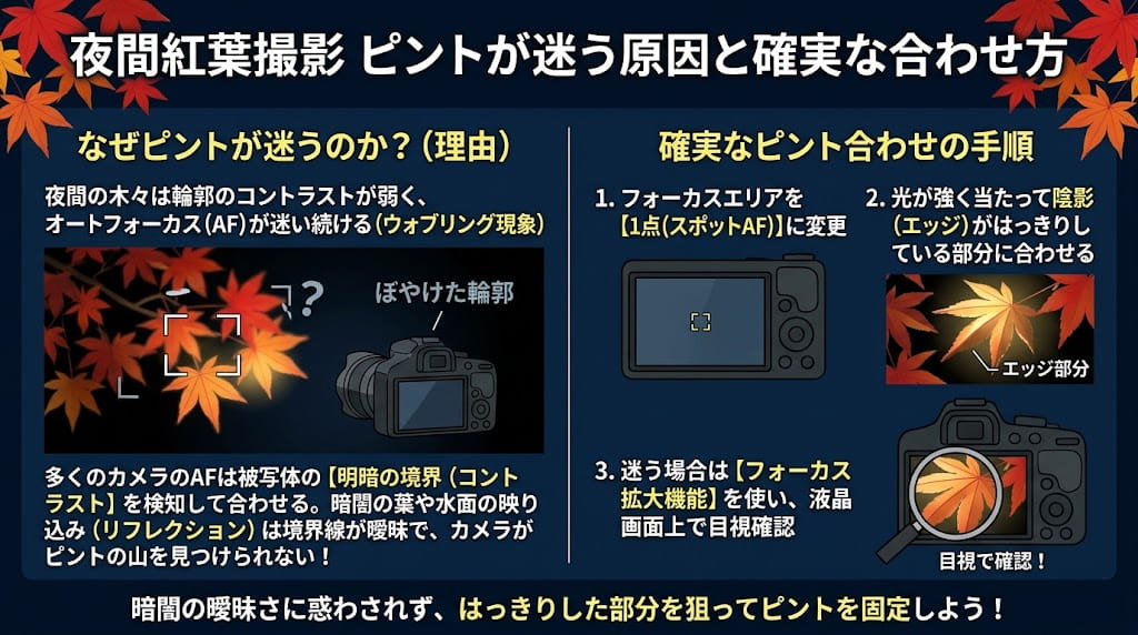 暗所でのAF迷いの解説イラスト
