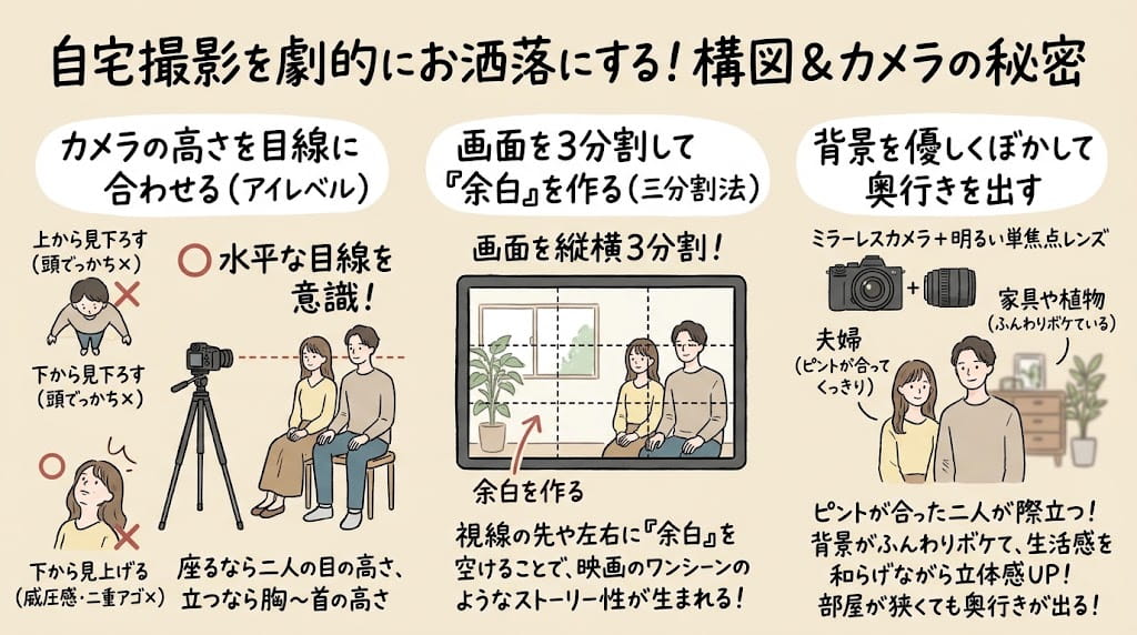 構図とアングル：真正面を外し「目線の高さ」と「余白」を意識するを解説したイラスト