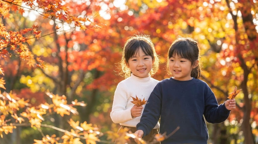 逆光で落ち葉を持つ女の子二人