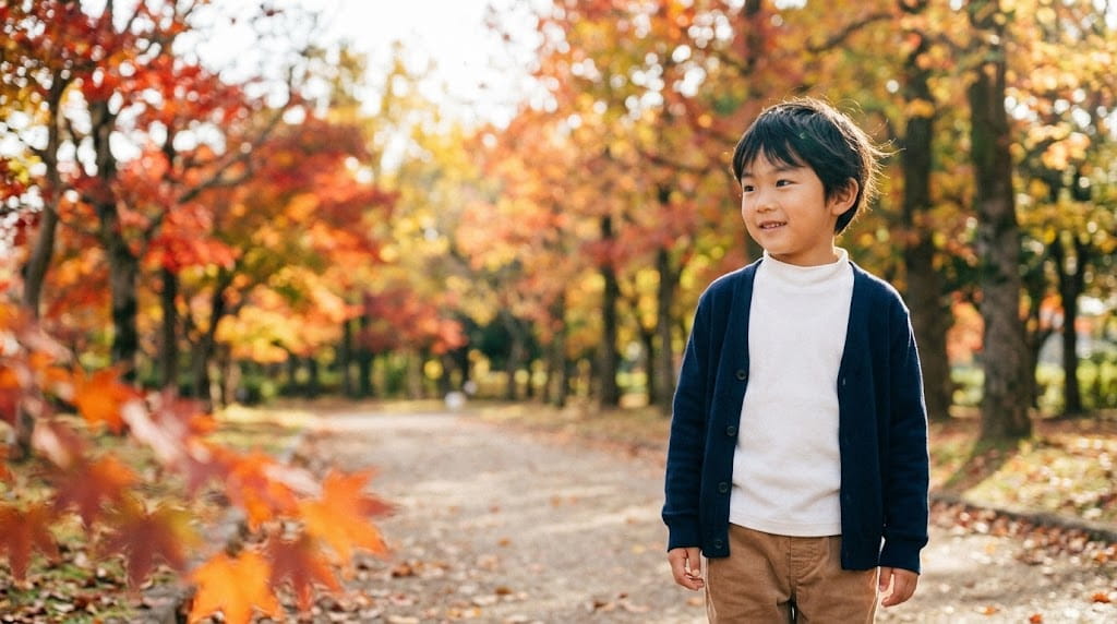 紅葉と男の子のポートレート撮影