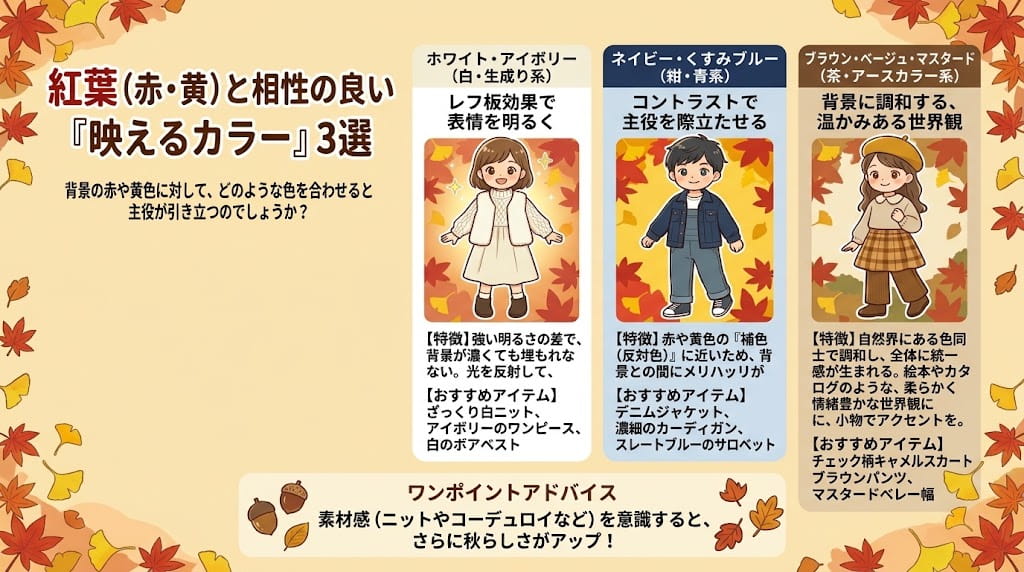 紅葉と相性の良い映えるカラー3選のイラスト