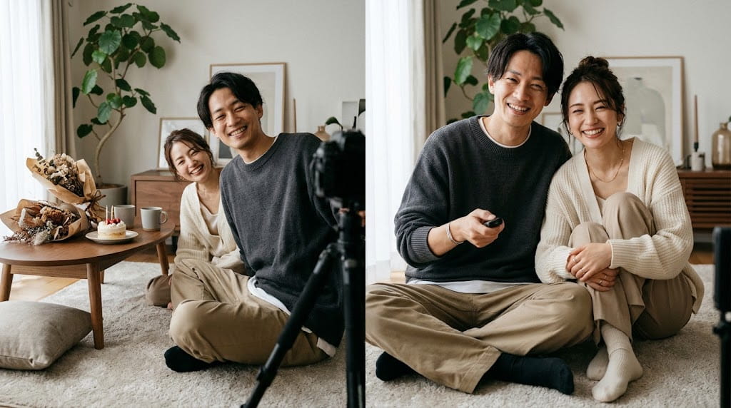 自宅でセルフフォトを楽しむご夫婦