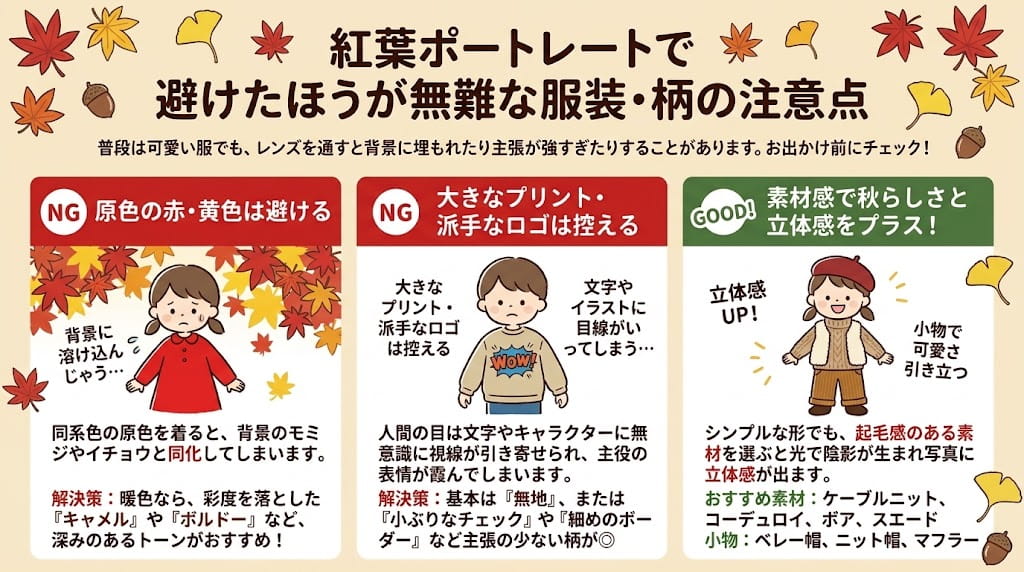 避けたほうが無難な服装・柄の注意点のイラスト