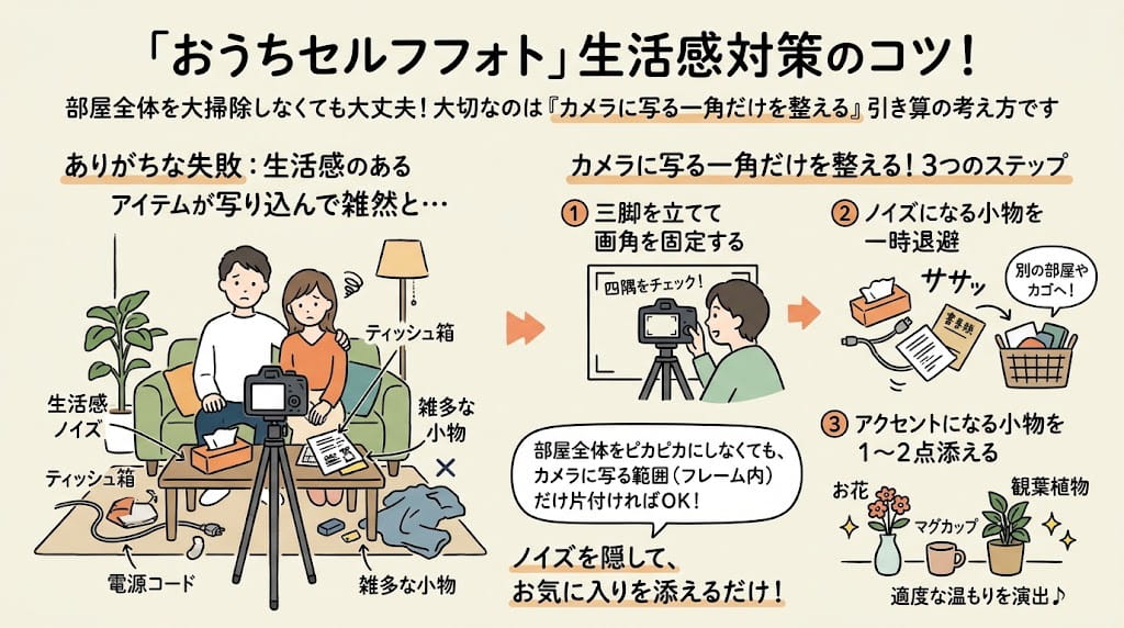 部屋づくり：生活感を適度に隠し、温かさを残す「引き算」の法則を解説したイラスト