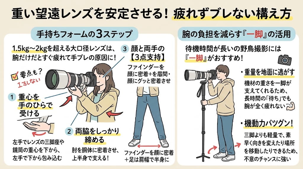 重い機材を安定させる構え方と一脚の活用
